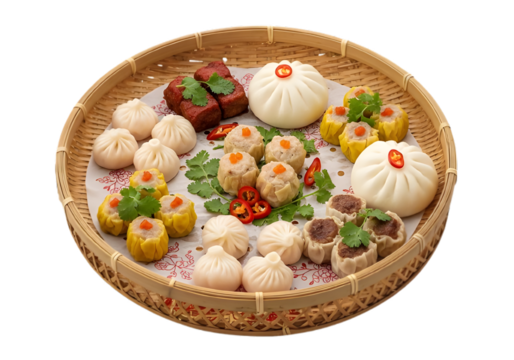 Assorted dim sum on a bamboo tray isolated on transparent background