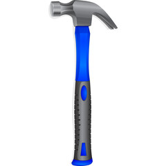 A Blue Hammer with a Silver Head and a Gray Handle with Blue Accents on a Transparent White Background