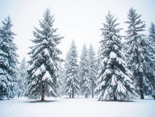 Naklejka premium Snow covered evergreen forest on a cloudy winter day