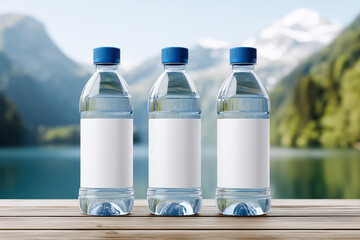 Row of three clear plastic bottles with blue caps and blank white labels, standing on a wooden surface with a breathtaking mountain lake view