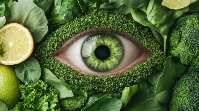 Verdant Eye   A surreal arrangement of leafy greens and citrus fruits forming the shape of an eye symbolizing vision health and the connection between nature and wellness