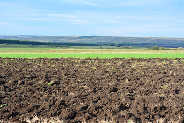 Freshly Plowed Field with Green Pasture and Distant hill with Forest