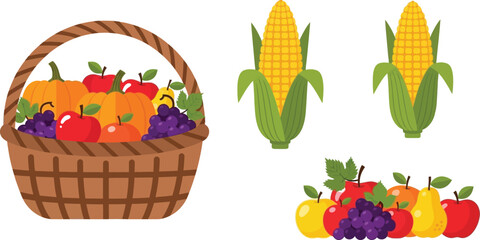 Basket full of autumn harvest fruits and vegetables