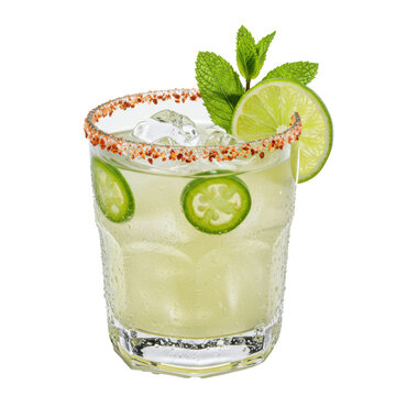 macro view of a spicy margarita in a frosted rocks glass with coarse chili-salt rim, floating jalape&ntilde;os, lime wheel, and mint sprig against a transparent backdrop. concept for beverage advertising
