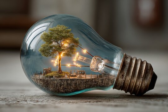 Light bulb filled with miniature land with tree, wooden fences and decorations representing environmental concept