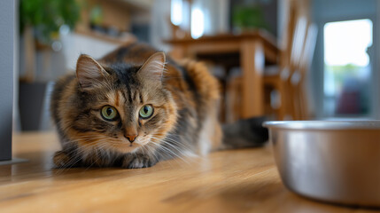 Anonymous owner's profile blurred while focused playful cat stretching toward bowl stays clear, with copy space