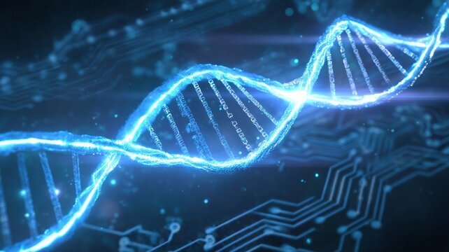 Glowing dna helix in digital cosmos. AI image