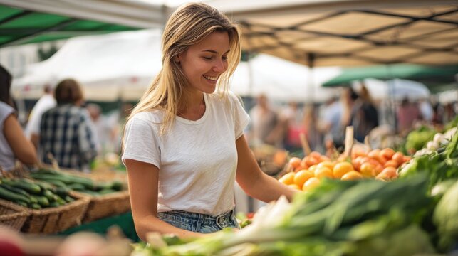 Smiling young blonde woman in white t-shirt is happily browsing and selecting fresh produce at street farmer's market on sunny day