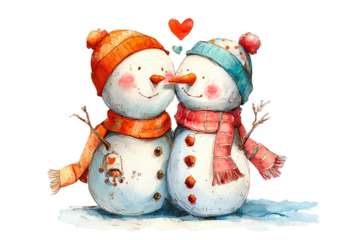Adorable snowmen sharing a sweet moment with hearts, perfect for winter romance and holiday cheer