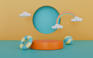 Colorful podium display with hot air balloon, clouds and rainbow, Summer vacation concept