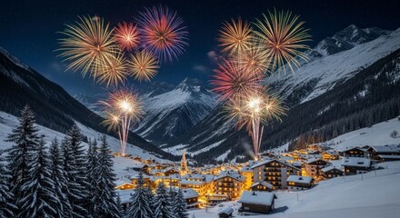 Festive Fireworks Display Over a Snowy Mountain Village at Night.