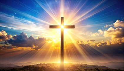 A weathered wooden cross stands prominently on a rocky mountain peak, surrounded by breathtaking panoramic views of distant valleys and rugged cliffs.