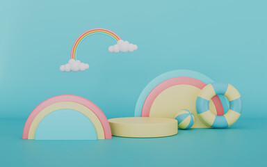 Colorful podium display with hot air balloon, clouds and rainbow, Summer vacation concept