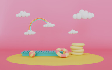 Colorful podium display with hot air balloon, clouds and rainbow, Summer vacation concept