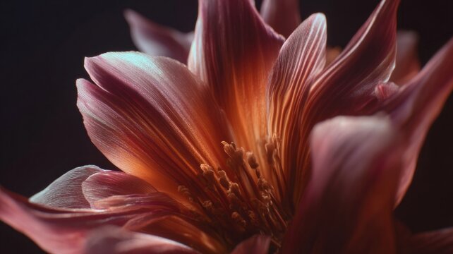 Close-up of vibrant orange flower against dark foliage. AI image