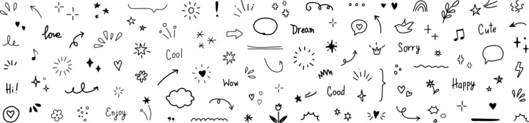 Line hand-drawn doodle drawing bundle set featuring fun, simple sketch elements for creative projects. Ideal for planners, stickers, posters, social media graphics, and decorative.