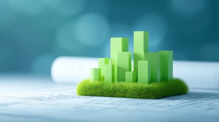 Small green structures rise from a detailed blueprint, symbolizing innovation in eco-friendly urban planning. This creative display highlights future cities crafted with nature in mind