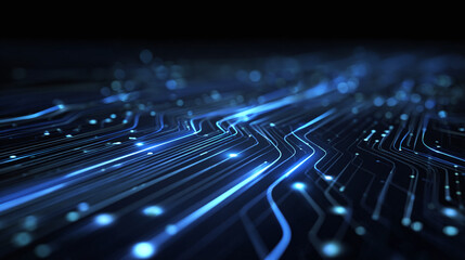 Abstract visualization of data flowing through digital circuits with blue lines and dots, creating a sense of technological advancement.