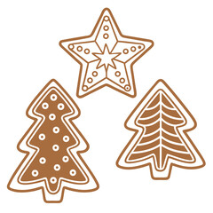 A delightful collection of illustrated Christmas gingerbread cookies shaped like a star and fir trees, decorated with icing