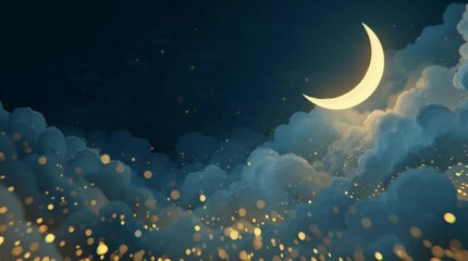 Animated seamless loop of a glowing crescent moon and clouds. Magical night sky background for Ramadan, Islamic holiday, or fantasy themes.