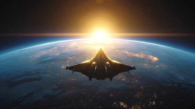 Spaceship orbiting earth at sunrise. AI image - Powered by Adobe