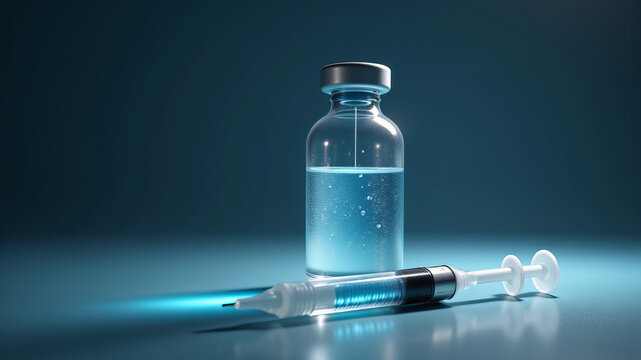 Single vaccine vial and syringe on reflective dark blue background - Powered by Adobe