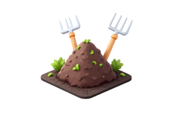 Cartoon Mound of Soil with Gardening Tools and Green Leaves on Transparent Background