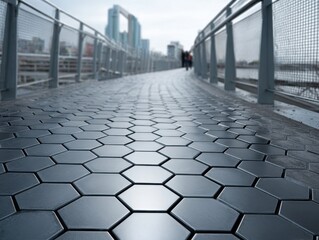 Modern Pedestrian Bridge Walkway with Hexagonal Tile Flooring and Urban Cityscape Background Low Angle View of Contemporary Footbridge Architecture