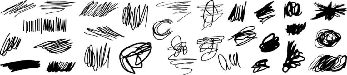Grungy graphic dirty scribble elements of vector bundle set. Hand drawn textured punk style hatching. 