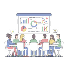 Diverse Team Collaborating Around Table Analyzing Growth Charts and Data on Interactive Screen in Modern Office Meeting Room with Soft Lighting