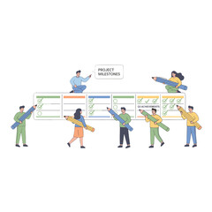 Diverse team collaborating on a project planning board with checklist tasks and progress indicators featuring flat design style and neutral color palette on a white background