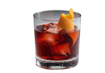 close-up macro of a ruby red negroni cocktail in a heavy rocks glass with square ice and coiled orange zest, isolated on a bright white studio background. Concept for luxury beverage advertising