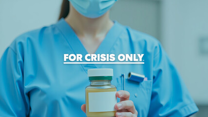 Healthcare worker showing bottle labeled for crisis only in hospital uniform