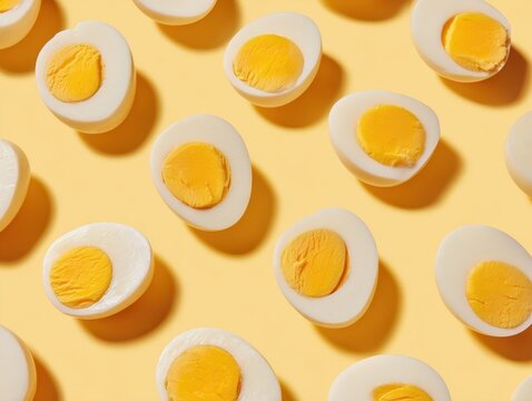 Array of Halved Hard-Boiled Eggs with Bright Yellow Yolks on a Sunny Yellow Background - Powered by Adobe