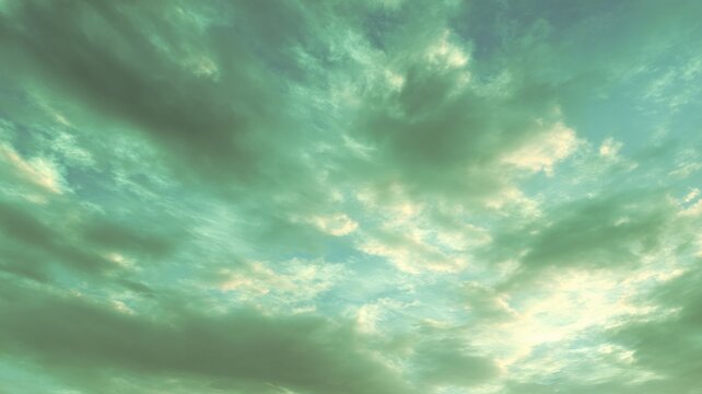 Dramatic green sky with sunlit clouds. AI image