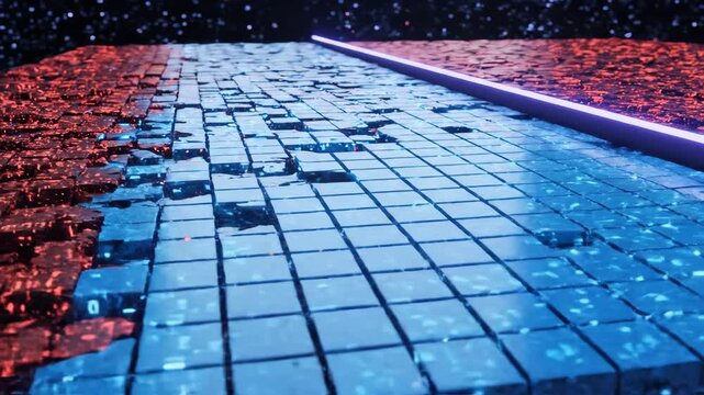 Digital metaphor of a 'defragmentation' bar (glymphatic) scanning a grid and 'cleaning' red static blocks to stable blue.