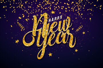 2026 Happy New Year Greeting Card Illustration with Gold Glittered Typography Number and Christmas Stars on Falling Confetti Background. New Year Celebration Holiday Design with Christmas Ornaments
