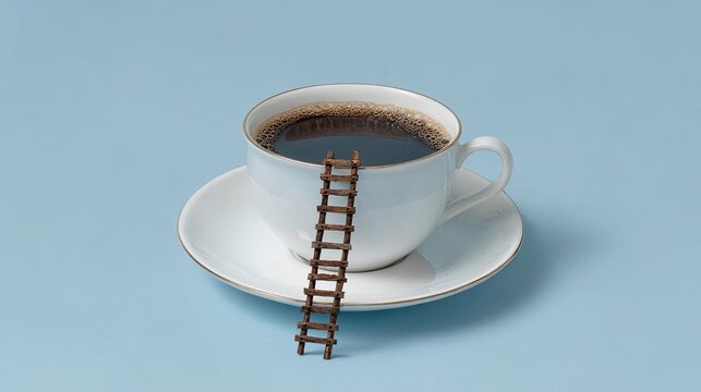 Creative surreal image of white coffee cup with wooden ladder symbolizing morning energy imagination and inspiration