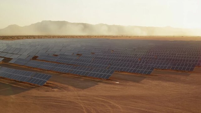 A Stunning Aerial View of a Vast Solar Farm in Golden Hour Light, Showcasing Rows of Glimmering Solar Panels Harnessing Renewable Energy in a Desert Landscape