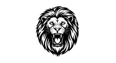 Bold black and white roaring lion head illustration, symbolizing strength, power, and courage with detailed mane and fierce expression.