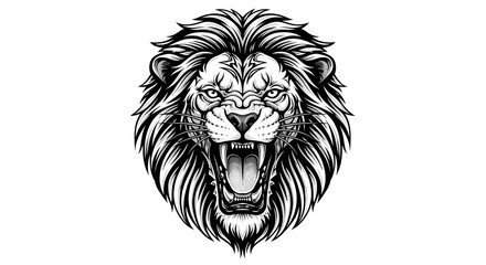Fototapeta premium Detailed roaring lion head in black and white, showcasing power, courage, and dominance with a fierce expression and flowing mane.