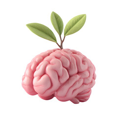 3D render of a human brain with a green sprout symbolizing eco-conscious innovation with transparent background