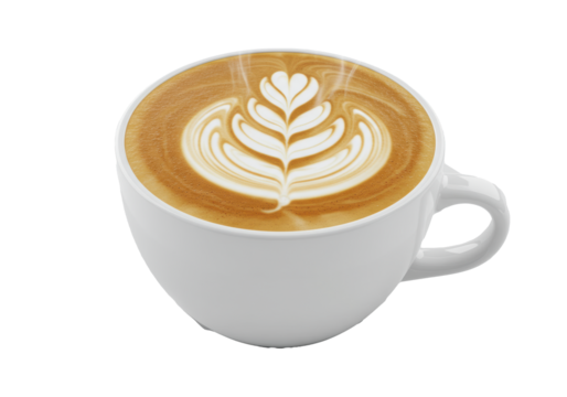 A close-up shot of a perfectly poured hot latte coffee displaying symmetrical rosetta art and rising steam, served in a glossy white cup, isolated on high-key white, concept for luxury beverage
