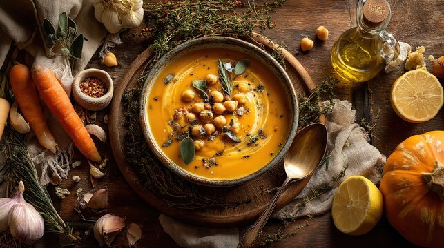 Rustic style chickpea and pumpkin soup in a ceramic bowl surrounded by fresh herbs and vegetables, perfect for organic food blogs, healthy recipes, and autumn themes.