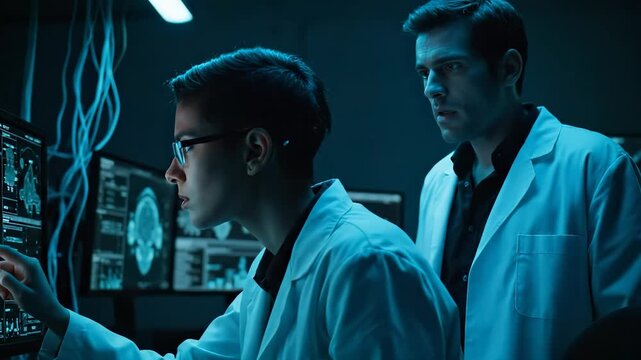 Doctor researcher studies brain scans. Neurologist scientist perform analysis for medical diagnosis. Technology software displays imaging data on monitor. Teamwork supports specialist training now. - Powered by Adobe