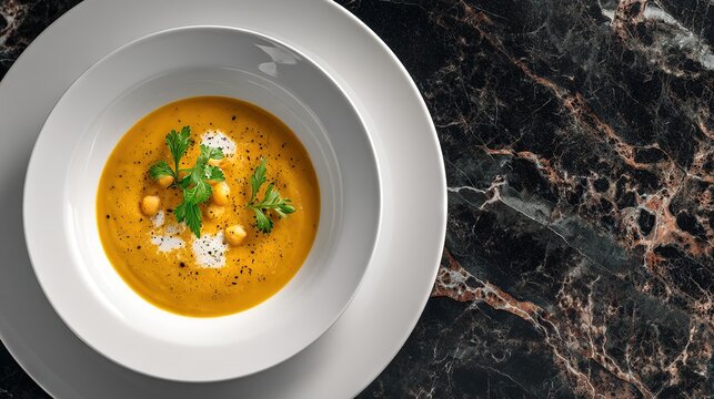 Luxury creamy pumpkin and chickpea soup with herbs on marble table, high-end restaurant dish concept, perfect for menu design or fine dining advertisements.