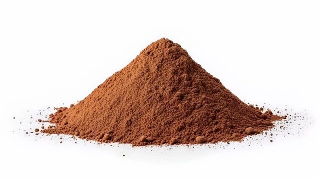 An isolated, perfectly shaped conical mound of rich, dark brown, finely ground powder is presented against a clean white background. This versatile culinary ingredient evokes themes of baking, dessert
