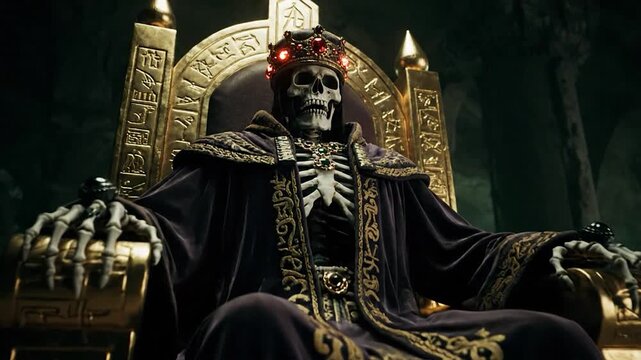 A regal skeleton king in royal attire sits upon an ornate throne in a dim cavernous chamber
