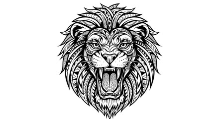 Obraz premium Intricate black and white mandala-style illustration of a roaring lion head, blending tribal patterns with detailed line art to represent power and spiritual strength.