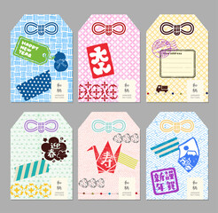 リボンがついたポップなお守りデザインのセット　飾り　古典和柄の水彩風パターン